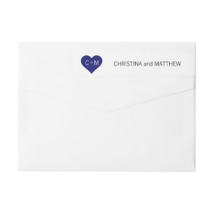 Modern Navy Blue White Heart Initialer Bröllop Etikettband