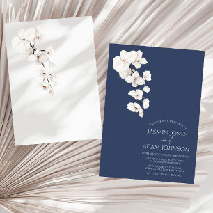 Modern Navy Blue White Orchids Flowers Bröllop Inbjudningar