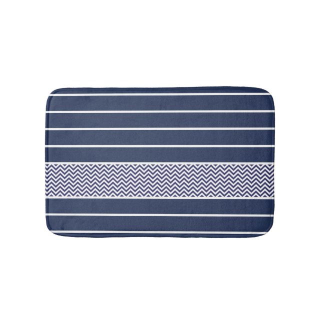 Modern Navy Blue White Rand Chevron Mönster Badrumsmatta (Framsidan)