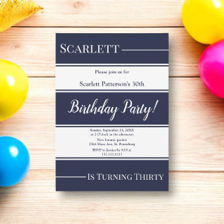 Modern Navy Blue White Rand Elegant Birthday Inbjudningar
