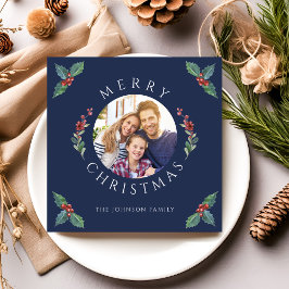 Modern Navy Blue Winter Botanicals julfoto Julkort