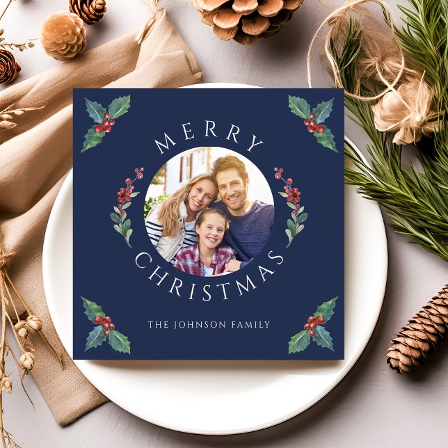 Modern Navy Blue Winter Botanicals julfoto Julkort (Modern Navy Blue Winter Botanicals Christmas Photo Holiday Card)