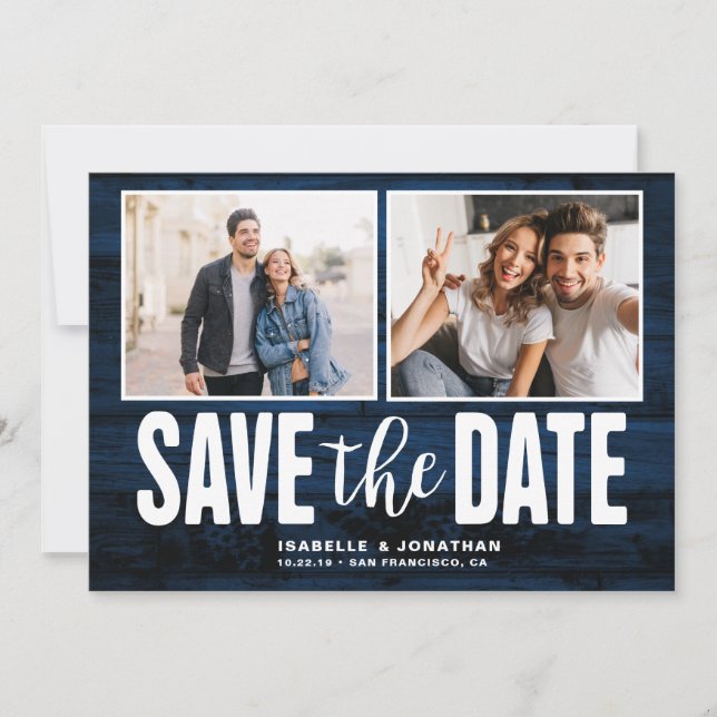Modern Navy Blue Wood 2 Photo Save Date Spara Datumet (Framsida)