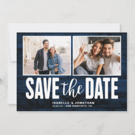 Modern Navy Blue Wood 2 Photo Save Date Spara Datumet