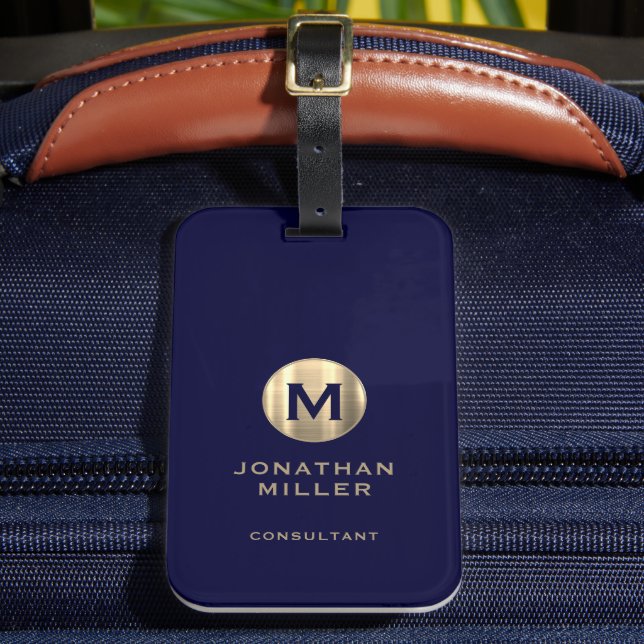 Modern Navy Brushed Guld Monogram Luggage Tag Bagagebricka (Framsida Insitu 2)
