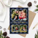 Modern Navy Buffalo Play-julfoto Collage<br><div class="desc">Modern och festiv plaid-helgdag-kort har en kollage av tre foton som är framtagna av ett gräns och accents av äkta guld-folie och handmålad vattenfärg marin blå och svart buffelplatta, mönstrad bakgrund. Anpassa anpassningsbarna "God jul" med den ordalydelse du föredrar, familjen namn och året. Kortets baksida innehåller ytterligare ett foto med...</div>