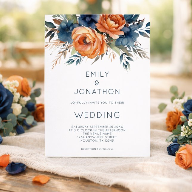 Modern Navy Burnt Orange Florals QR Code Wedding Inbjudningar (Skapare uppladdad)