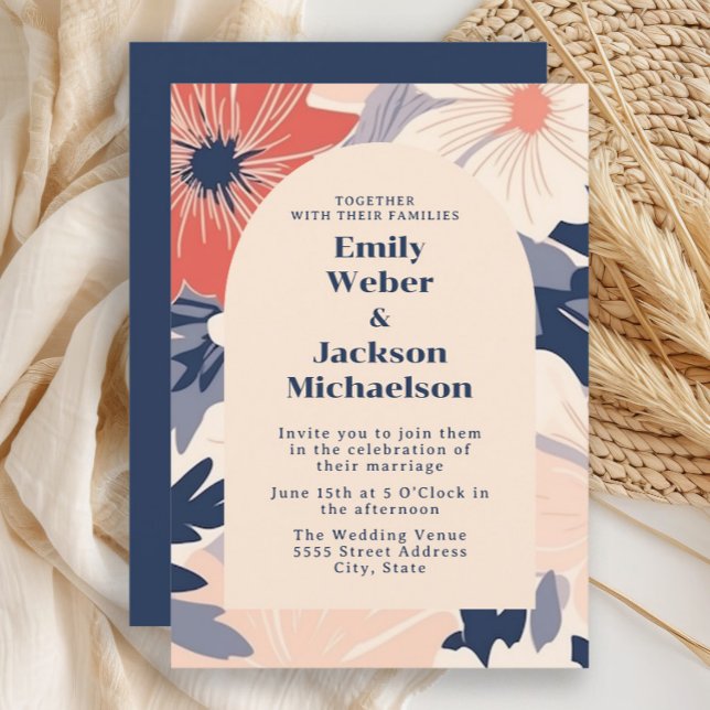 Modern Navy Coral Cream Båge Bröllop  Inbjudningar (Navy and coral retro-style flowers wedding invitation)