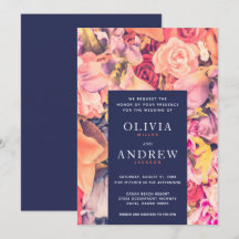 Modern Navy Coral Watercolor Blommigt Bröllop