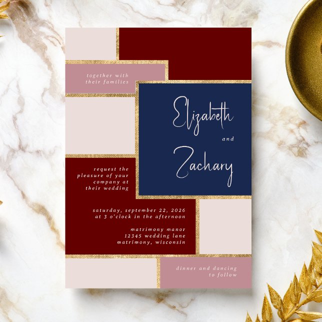 Modern Navy Damros Rosa Vinröd Blush Guld Bröllop Inbjudningar (A unique choice for a modern burgundy, navy blue, blush and gold wedding palette.)