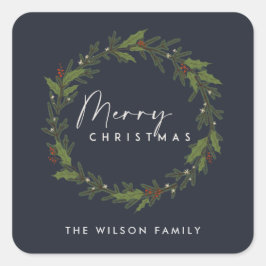 MODERN NAVY ELEGANT HOLLY BERRY WREATH CHRISTMAS FYRKANTIGT KLISTERMÄRKE