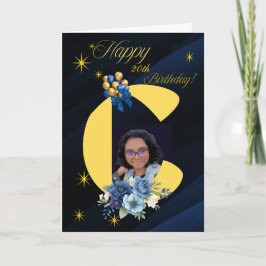 Modern Navy & Gold Initial "C" Photo 20th Birthday Kort