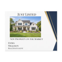 Modern Navy Gold Just Listed Real Estate Postcard