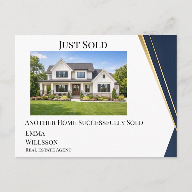 Modern Navy Gold Just Sold Real Estate Postcard Vykort (Framsida)