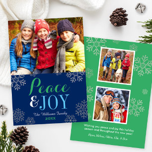 Modern Navy Grönt Peace and Joy Snowflake Photo Julkort