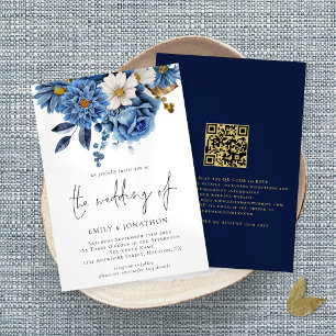 Modern Navy Guld Blommigt QR Code Bröllop Inbjudningar