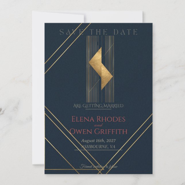 Modern Navy Guld Geometrisk Art Deco Spara Datum (Framsida)