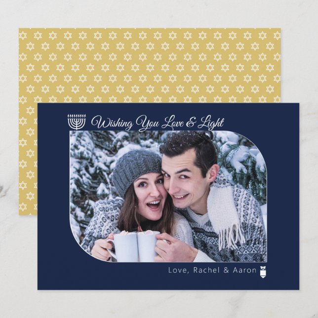 Modern Navy & Guld Kärlek & Light Hanukkah Photo H Julkort (Fram/baksida)
