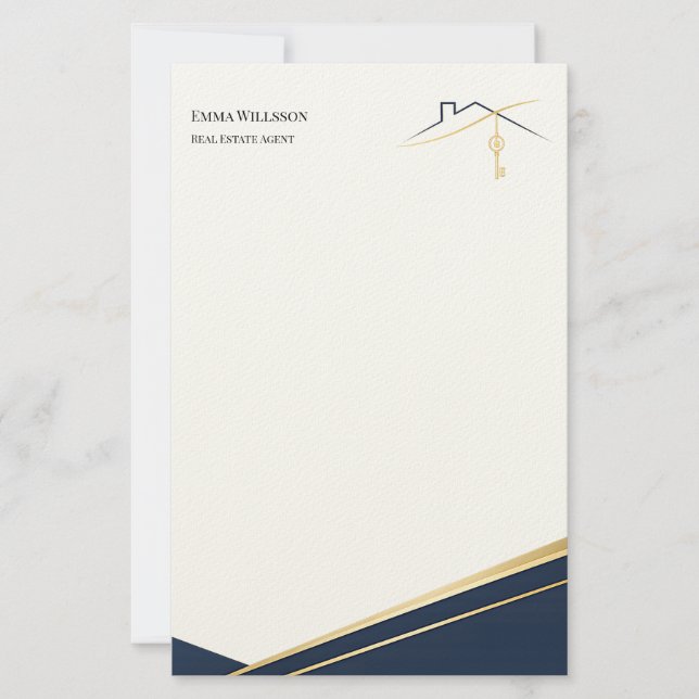 Modern Navy Guld Lyx Fastighetsmäklare Brevpapper (Framsida)