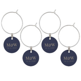 Modern Navy Guld Monogram Bride & Groom Berlock Vinglas