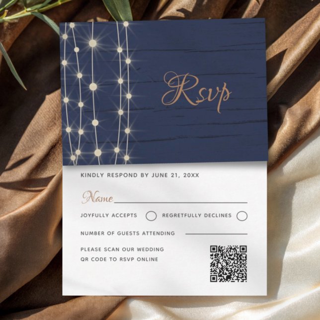 Modern Navy & Guld Strängljus Bröllop RSVP-kort OSA Kort (Skapare uppladdad)