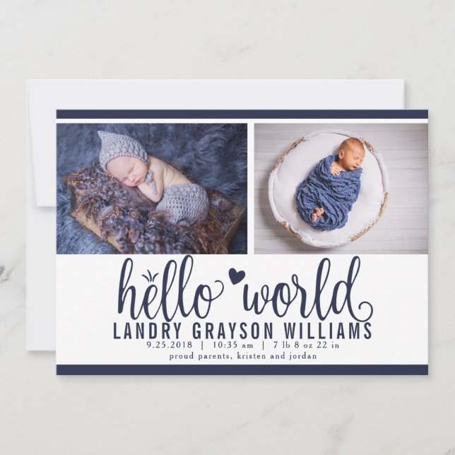Modern Navy Hej World Photo Birth Stat Meddelande (Framsida)