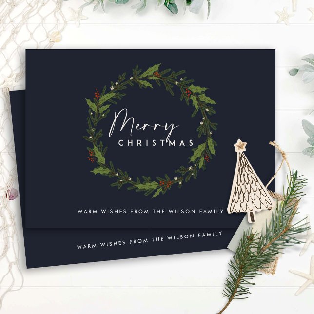 MODERN NAVY HOLLY BERRY WREATH GOD JUL JULKORT (Skapare uppladdad)