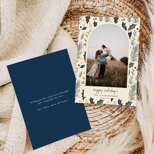 Modern Navy Holly & Gräs Lövs Arch Photo Julkort (Skapare uppladdad)