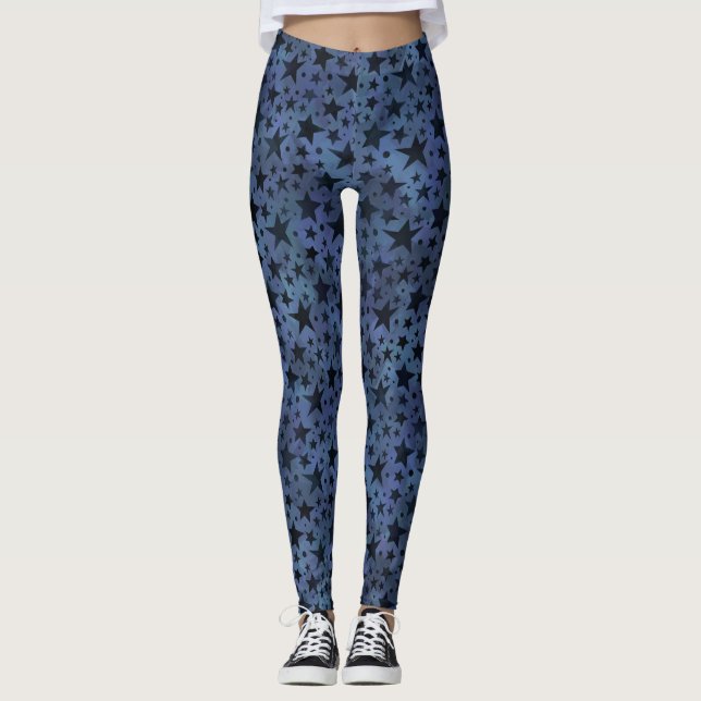 Modern Navy Light Blue Stars Leggings (Framsida)
