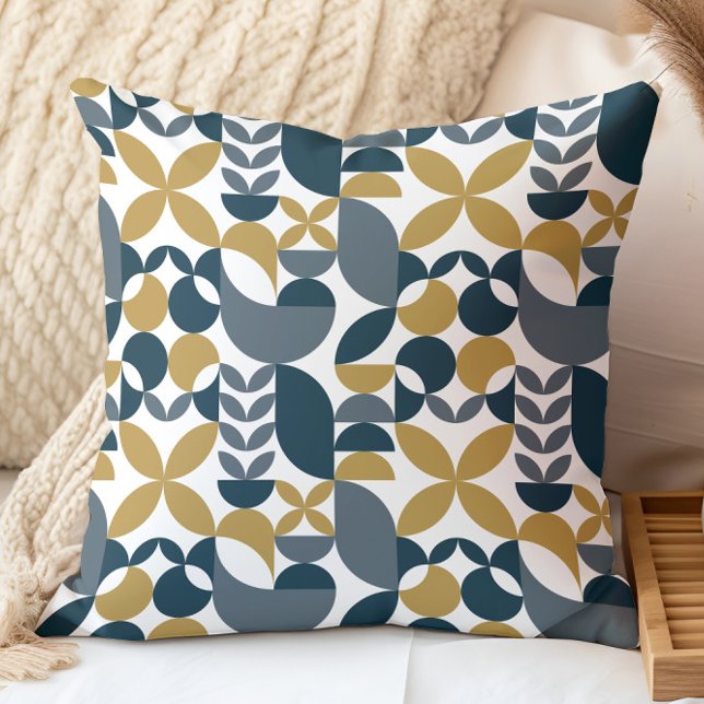 Modern Navy Mustard Abstract Geometric Pattern Kudde (Skapare uppladdad)