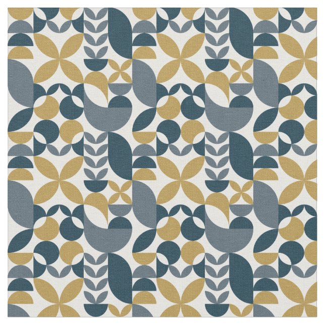 Modern Navy Mustard Abstract Geometric Pattern Tyg (Närbild)