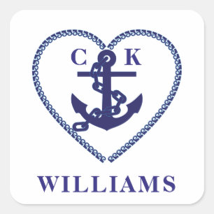 Modern Navy Nautical Anchor Heart Bröllop Monogram Fyrkantigt Klistermärke