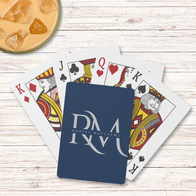 Modern Navy och Silver Initialer Elegant Monogram Casinokort (Mockup view)