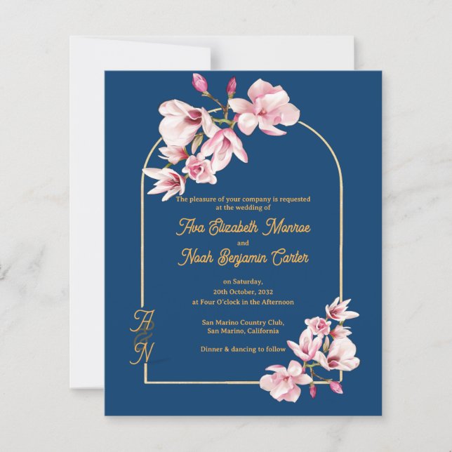 Modern Navy Photo Floral Wedding Invitation (Framsida)