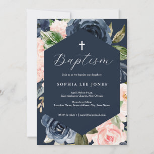 Modern Navy Rosa Persika Blommor Dop Inbjudningar