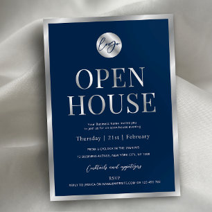 Modern Navy & Silver Business Logotyp Open House Inbjudningar