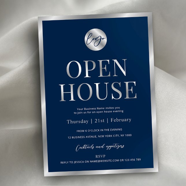 Modern Navy & Silver Business Logotyp Open House Inbjudningar (Professional navy blue and faux silver business logo open house invitation design)