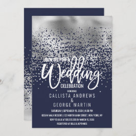 Modern Navy Silver Foil Confetti Ombre Bröllop Inbjudningar