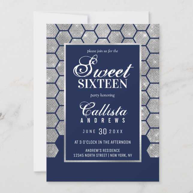 Modern Navy Silver Glitter Hexagon Geo Sweet 16 Inbjudningar (Framsida)