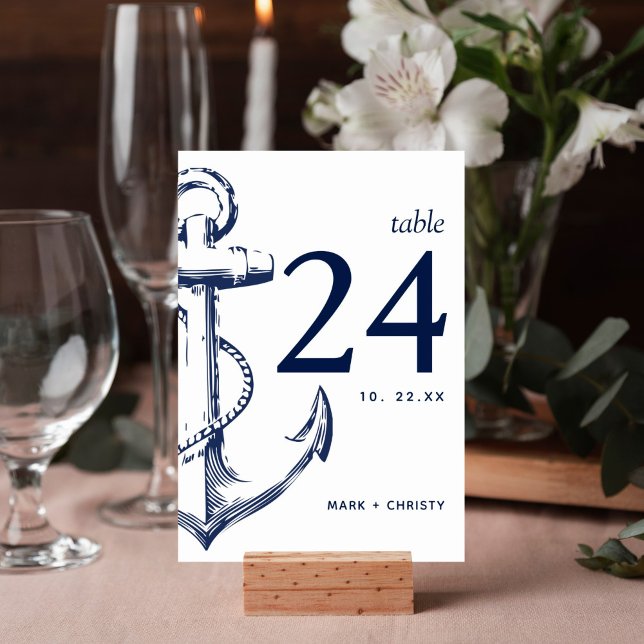Modern Navy Sketch Anchor Bordsnummer (Nautical anchor beach design on this table number card is perfect for your wedding reception decor.)