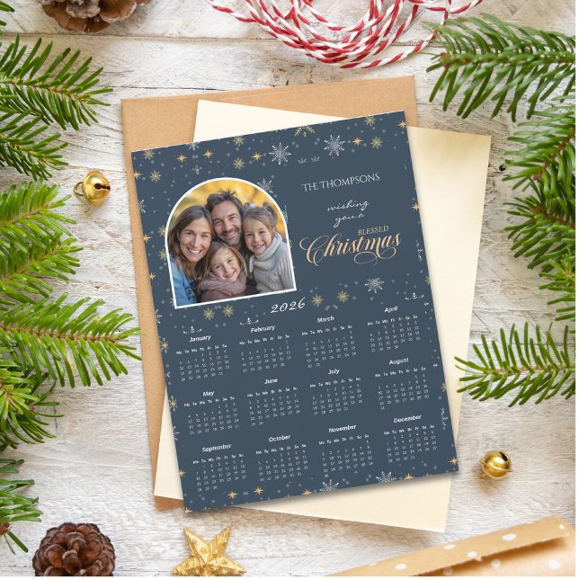 Modern Navy Snowflake Photo 2026 Calendar Card (Skapare uppladdad)