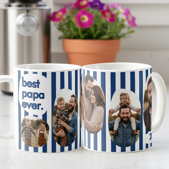 Modern Navy Stripe Bästa Pappa Någonsin Foto Colla Kaffemugg (Best Papa Ever 5 custom photos, navy blue striped mug by Darling & May)