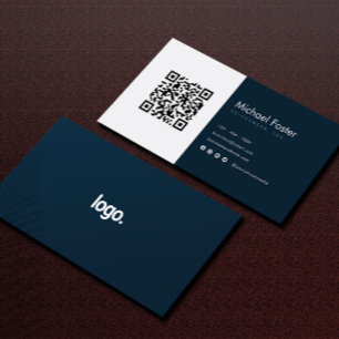 Modern Navy White CEO Scannable Qrcode Visitkort
