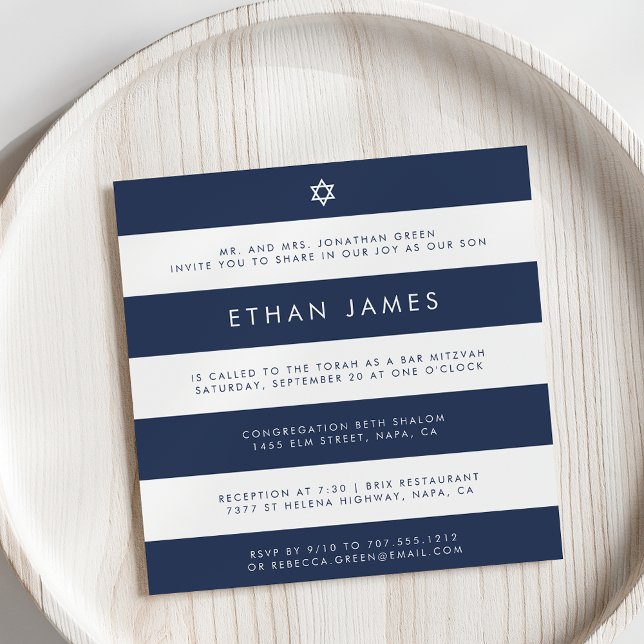 Modern Navy & White Rand Pub Mitzvah-inbjudan Inbjudningar (Skapare uppladdad)