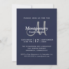 Modern Navy White Silver Monogram Family Reunion Inbjudningar