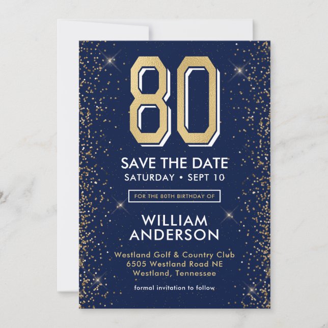 Modern Navyblå 80-årsdag Spara Datumet (Framsida)