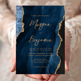 Modern Navyblå Agat Chic Script Bröllop Inbjudningar