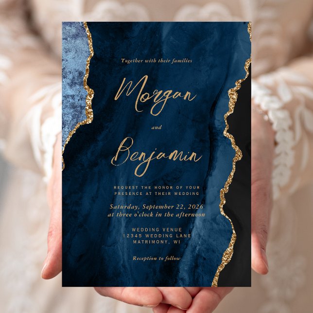 Modern Navyblå Agat Chic Script Bröllop Inbjudningar (Skapare uppladdad)