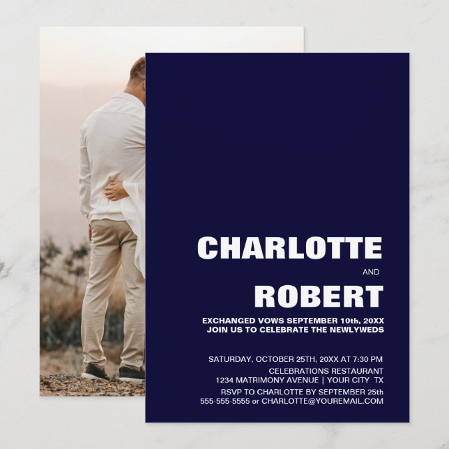 Modern Navyblå Bröllopsmottagning Inbjudningar (Fram/baksida)