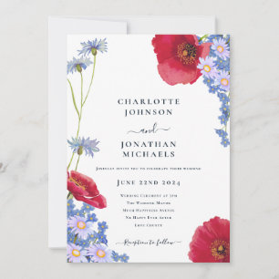 Modern Navyblå Elegant Vildblomma Blommig Bröllop Inbjudningar